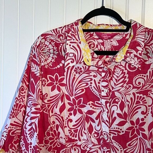 Pappagallo 3/4 Sleeve Button Up Top Women 3X Pink Yellow Tropical Peekaboo Cuffs - Picture 2 of 12